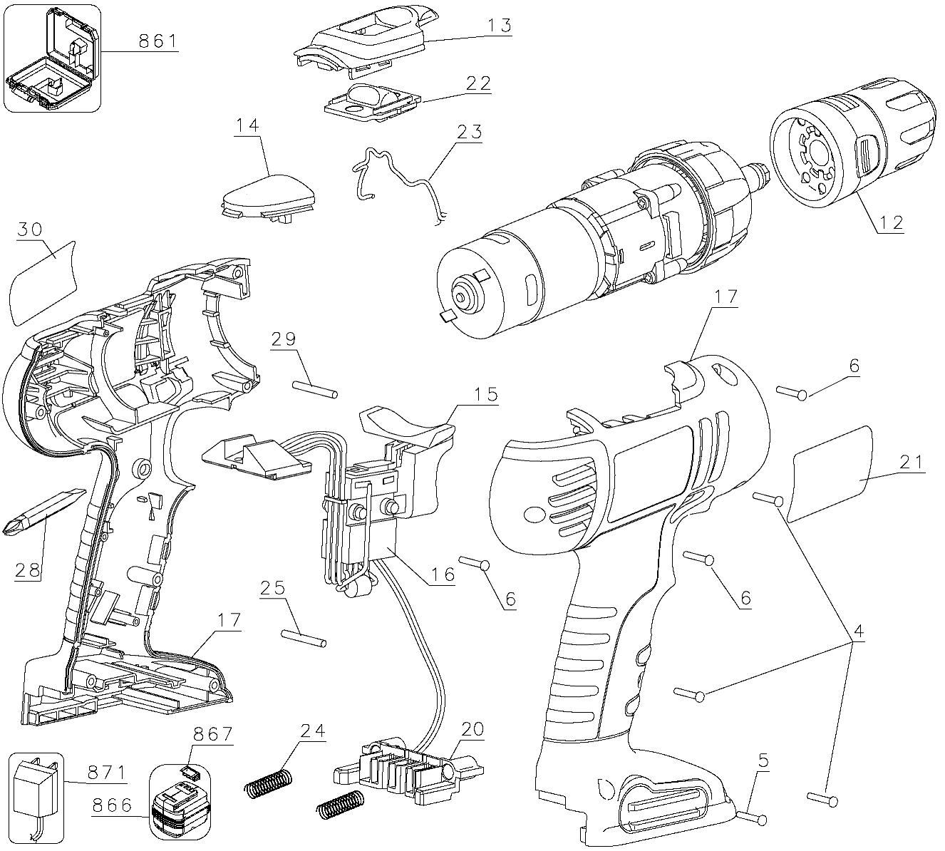 Default Diagram and Parts List for FS1401D Type 1 Black and Decker Boring Machine